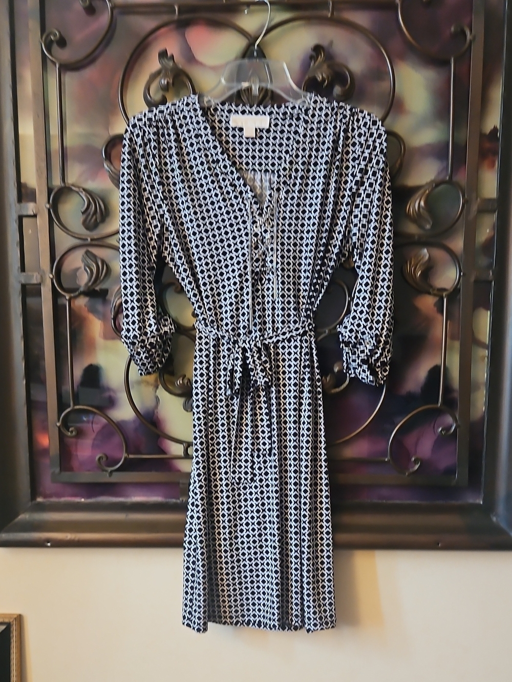 Michael Kors Black & White Geometric Tie-Waist Midi Dress